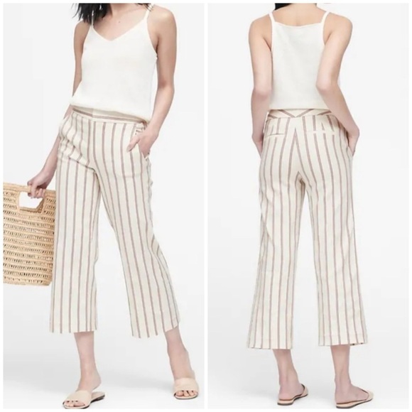 NWT Banana Republic High Rise Wide Leg Crop Pants Linen Blend White Red Stripe - Picture 1 of 16
